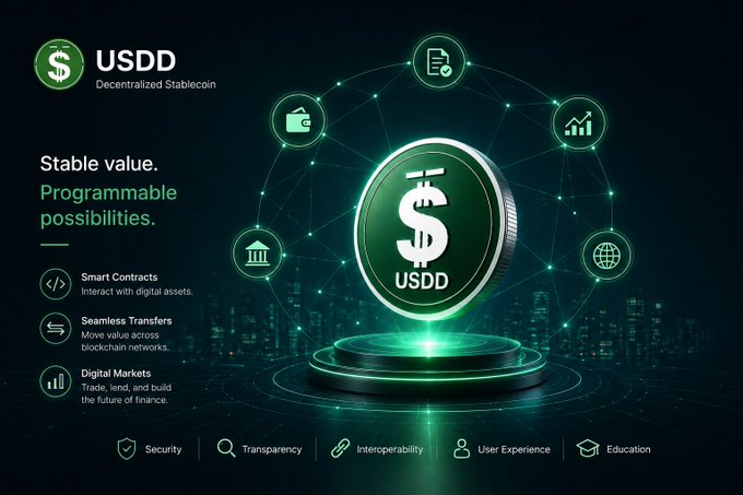 A promotional graphic for USDD, a decentralized stablecoin, with the tagline "Stable value. Programmable possibilities." highlighting features like Smart Contracts, Seamless Transfers, and Digital Markets, surrounded by icons for Security, Transparency, Interoperability, User Experience, and Education.