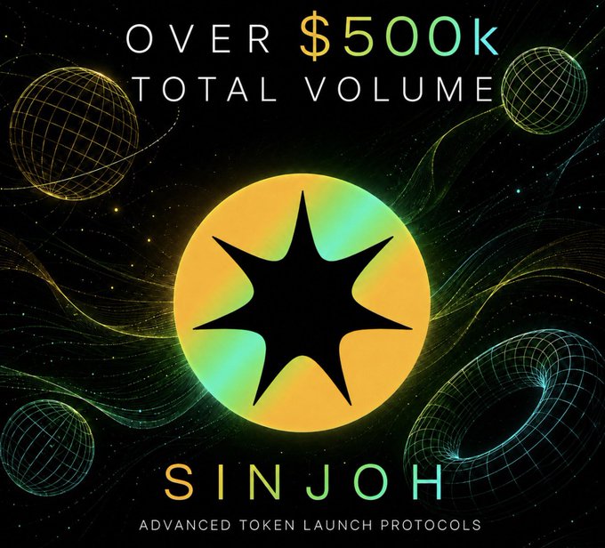 A promotional graphic for SINJOH, an 'Advanced Token Launch Protocols' project, featuring a star logo and the text 'OVER $500K TOTAL VOLUME'.