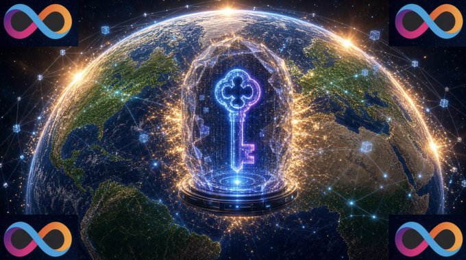 A digital artwork showing a glowing holographic key inside a protective dome hovering above Earth, with infinity-like symbols in the corners and a network of connected nodes surrounding the globe.