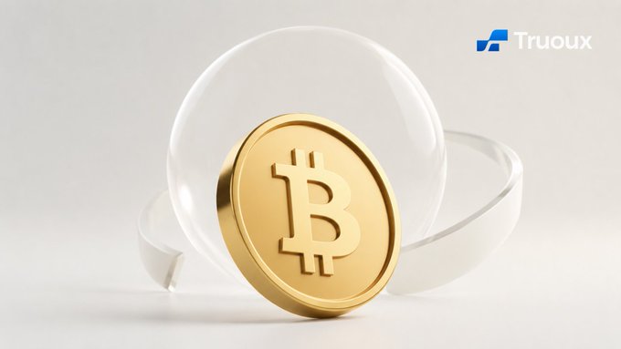 The image features a gold-colored Bitcoin coin, which is the main focus. The coin has a unique design with a single letter "B" prominently displayed at its center. In the background, there are two transparent glass spheres positioned next to each other, creating an interesting visual contrast between the traditional and modern elements in the scene. The image also includes text that reads: "Focus on what is in the image and how it relates to the post".