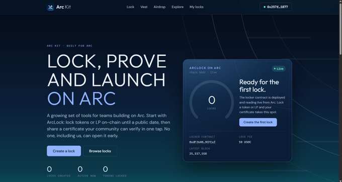 Screenshot of the ArcKit website with the headline "LOCK, PROVE AND LAUNCH ON ARC" for token lockers built on the Arc network.