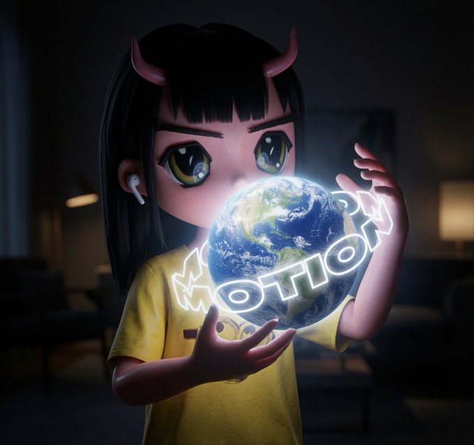 An anime-style digital illustration shows a girl with small pink horns and yellow shirt holding a glowing Earth with the word 'FOLLOW' wrapped around it.