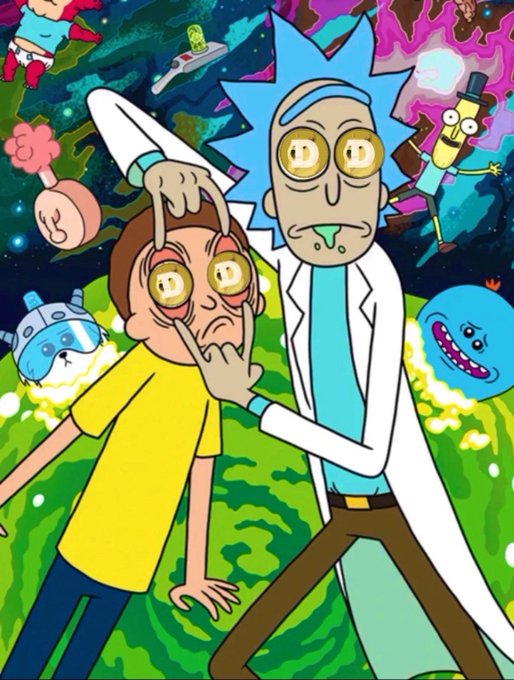 A colorful cartoon illustration of Rick and Morty from the animated series, with Rick pulling Morty's eyelids open to reveal coin-like eyes, surrounded by various alien characters in a space setting.