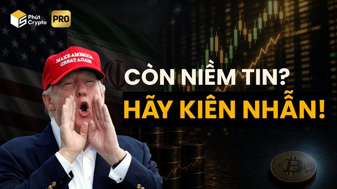 The image features Donald Trump wearing a "MAKE AMERICA GREAT AGAIN" red cap and shouting, set against a backdrop of an American flag, an upward stock chart, and a Bitcoin coin, with bold Vietnamese text "CÒN NIỀM TIN? HÃY KIÊN NHẪN!" (Still have faith? Be patient!). This visual relates to the post by capturing the tension between traditional markets soaring and crypto's stagnant performance, encouraging viewers to stay patient as Bitcoin may eventually catch up to the rising trends in stocks and gold.