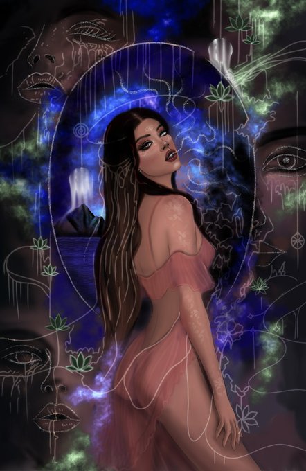 An artistic digital illustration shows a woman with long brown hair in a sheer pink dress, looking over her shoulder, surrounded by mystical elements like a moon, lotus flowers, and an eye motif.