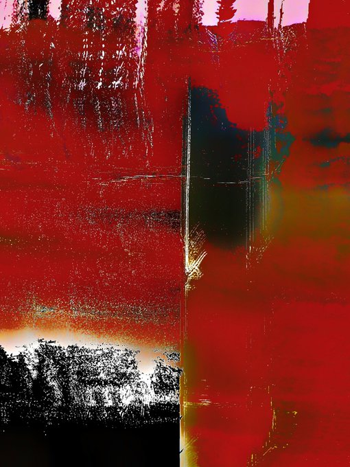 An abstract painting dominated by deep red tones, featuring a central dark vertical shape, textured brushstrokes, and a band of black and white imagery at the bottom.
