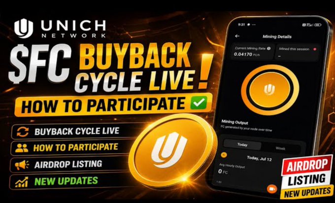 Promotional graphic for Unich Network announcing that the "$FC BUYBACK CYCLE LIVE!" with a "How to Participate" section and menu options for Buyback Cycle Live, How to Participate, Airdrop Listing, and New Updates, alongside a smartphone screenshot of the Unich Mining Details page showing a current mining rate of 0.04170 FC/h and today's FC output of 0 FC.
