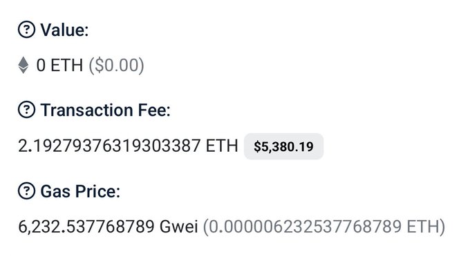 A cryptocurrency transaction screenshot shows a Value of 0 ETH ($0.00), a Transaction Fee of 2.19279376319303387 ETH ($5,380.19), and a Gas Price of 6,232.537768789 Gwei.