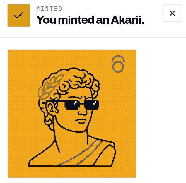 A digital NFT confirmation screen displaying 'MINTED - You minted an Akarii' with a line-art illustration of a classical bust wearing pixelated sunglasses on a yellow background.