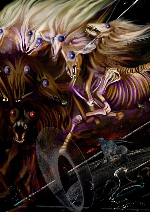 A surreal digital artwork depicting a multi-headed wolf-like beast with glowing blue eyes and sharp teeth, standing on a dark battlefield with a small creature and a curved blade in the foreground.