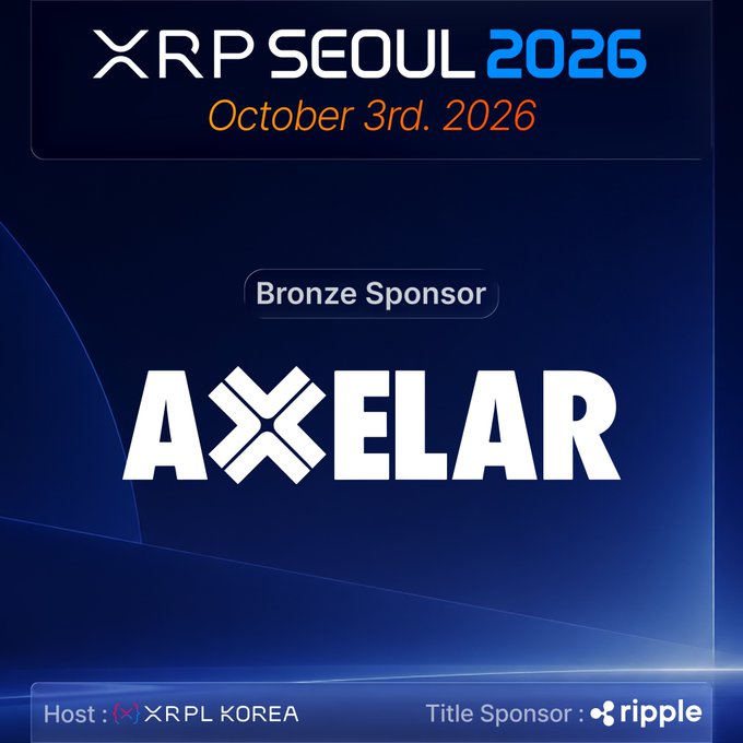 A promotional graphic for XRP Seoul 2026 (October 3rd, 2026) hosted by XRPL Korea and title-sponsored by Ripple, announcing Axelar as a Bronze Sponsor, featuring Axelar's logo prominently against a dark blue background. The image visually corresponds to the announcement of Axelar's sponsorship role at the event.