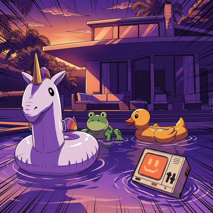 A vibrant cartoon-style illustration shows a purple unicorn floatie, a green frog, a yellow rubber duck, and a vintage smiley-face TV displaying "14" floating in a pool at sunset, outside a modern house. The whimsical pool imagery reflects the post's lighthearted "it is what it is" tone about the pools.fun launch and token buyback announcements.
