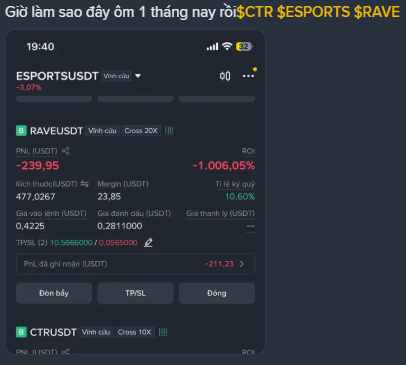 Mobile trading app screenshot showing an ESPORTSUSDT and RAVEUSDT position with Vietnamese text, showing a PNL of -239.95 USDT and ROI of -1,006.05%, with hashtags #CTR #ESPORTS #RAVE at the top.