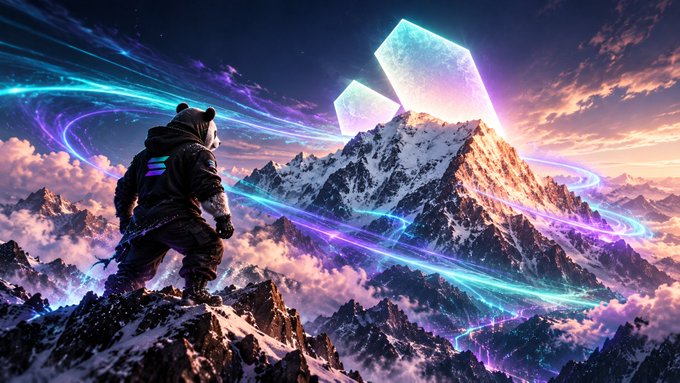 A lone astronaut-like explorer stands on a snowy mountain ridge overlooking glowing blue-purple energy trails and luminous crystalline peaks. The futuristic scene matches the announcement of “Alpenglow” going live on Solana mainnet, visually emphasizing speed from “12.8 seconds → 150 milliseconds.”