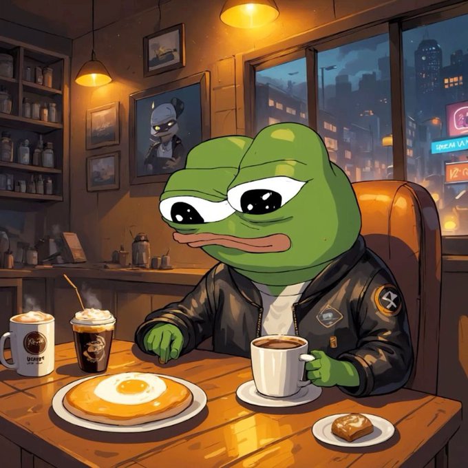 Cartoon illustration of the Pepe the Frog character wearing a black leather jacket, sitting at a café table with a cup of coffee, a plate with a fried egg, a hot drink, and a small pastry.