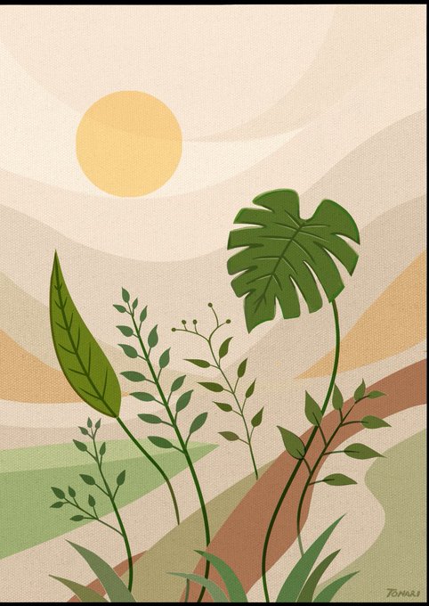 A minimalist botanical illustration featuring green leaves, a monstera plant, and a warm yellow sun against wavy earth-toned landscape bands, signed 'TSAMAR' in the corner.