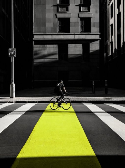 A striking black and white urban photograph of a person riding a bicycle across a crosswalk with a vivid yellow painted path, set against a shadowed building facade.