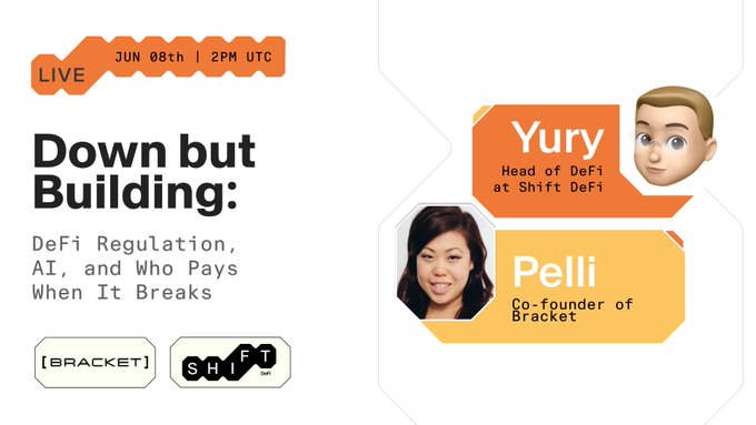 The image features an advertisement for a live event that takes place at 2 PM UTC. The event is titled "Down but Building" and it involves two people, one of whom is named Yury. They are discussing AI regulations and its impact on the industry. The other person in the image is named Pelli, who is the founder of @bracket_fi. The post also mentions that there will be a live stream available for those who want to watch it later.