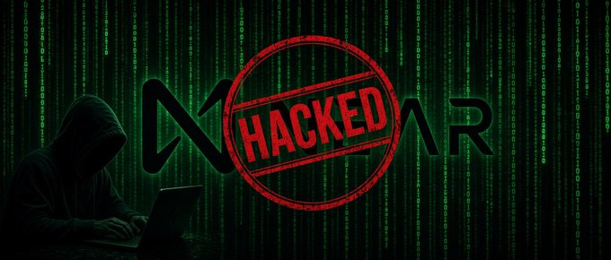 A dramatic graphic featuring a hooded hacker at a laptop with cascading Matrix-style green digits, alongside the text 'NAR' with a large red 'HACKED' stamp overlaid.