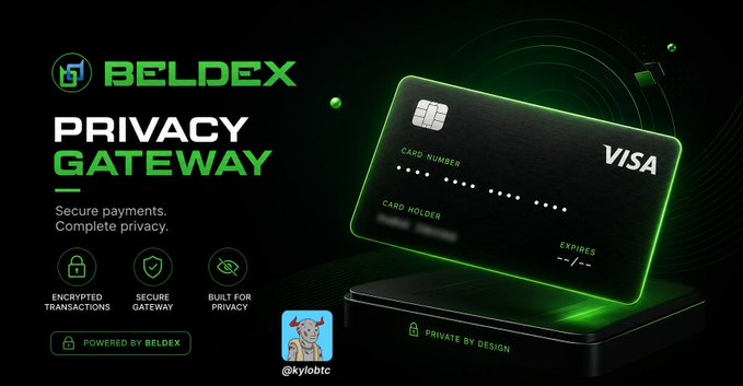 Advertisement for 'BELDEX PRIVACY GATEWAY' featuring a glowing green Visa card and text 'Secure payments. Complete privacy.' with features 'ENCRYPTED TRANSACTIONS, SECURE GATEWAY, BUILT FOR PRIVACY' and handle @kylobtc.