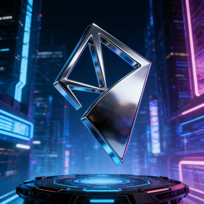 A 3D rendered metallic geometric shape resembling a stylized 'A' or kite, floating above a futuristic circular platform with a neon cyberpunk cityscape background.