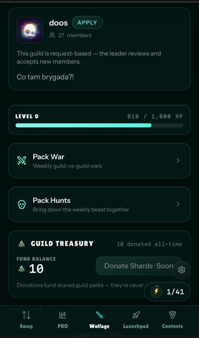 A guild interface screen for 'doos' showing 27 members, LEVEL 0 with 810/1,000 XP, options for Pack War and Pack Hunts, and a Guild Treasury with a fund balance of 10.