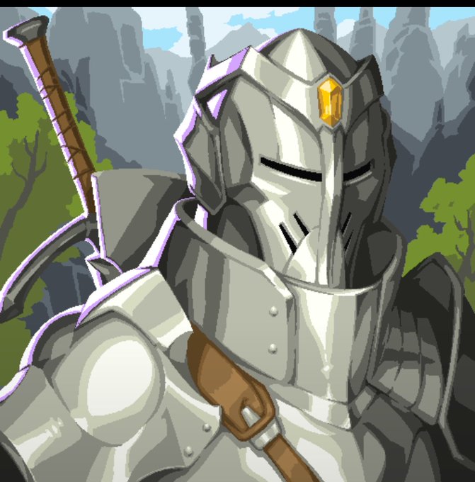 Illustrated digital artwork of a knight in silver armor with a golden gem on the helmet, with a sword on his back, set against a fantasy mountain landscape.