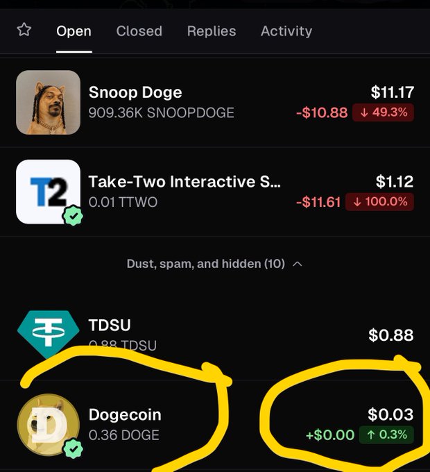A Robinhood portfolio screen showing Snoop Doge meme stock down 49.3%, Take-Two Interactive (TTWO) down 100%, and Dogecoin (DOGE) highlighted with a yellow circle, showing a price of $0.03.