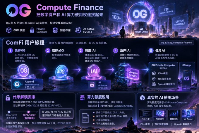An infographic titled '0G Compute Finance' in Chinese, illustrating a 5-step ComFi (Compute Finance) user journey involving AI computing power, token support, and claiming IAI tokens, with sections on token unlock schedule and AI use cases.