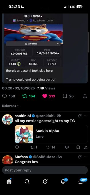 A mobile social media app screenshot showing a cryptocurrency post about 'S1 / NVDa' on Solana/Raydium with a Shiba Inu dressed as Superman, priced at $0.0005766 USD.