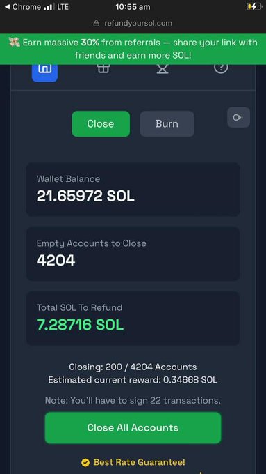 A mobile screenshot of refundyoursol.com shows a Solana token account closing interface with a wallet balance of 21.65972 SOL, 4,204 empty accounts available to close, and a total of 7.28716 SOL to be refunded, currently processing 200 of 4,204 accounts with an estimated reward of 0.34668 SOL, requiring 22 transactions to sign, illustrating the user's claim of having just reclaimed 7.2 SOL from unused token accounts and spam assets on the Solana ecosystem.