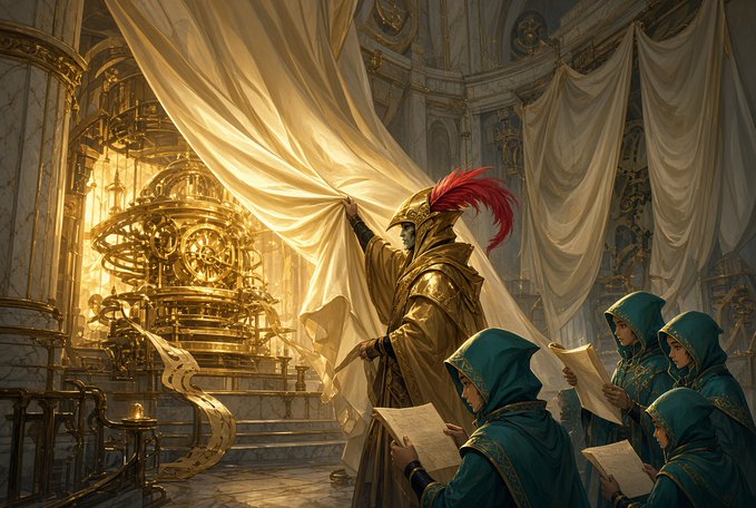 A fantasy artwork depicting a scene with robed figures, one wearing a golden robe with a red-plumed helmet pulling back a large white curtain to reveal an intricate golden mechanical device.