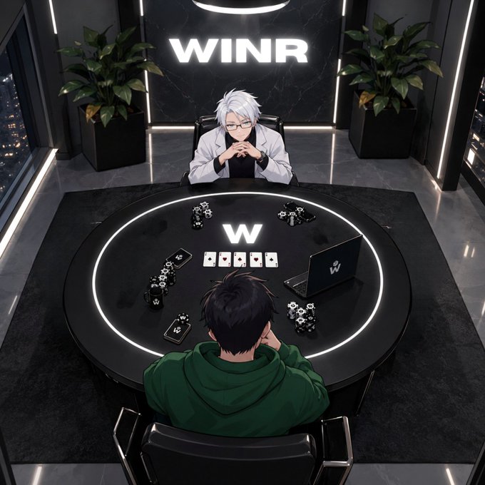 An anime-style illustration shows two characters playing poker at a black circular table in a sleek, modern room; the word "WINR" glows on the wall behind the white-haired dealer.