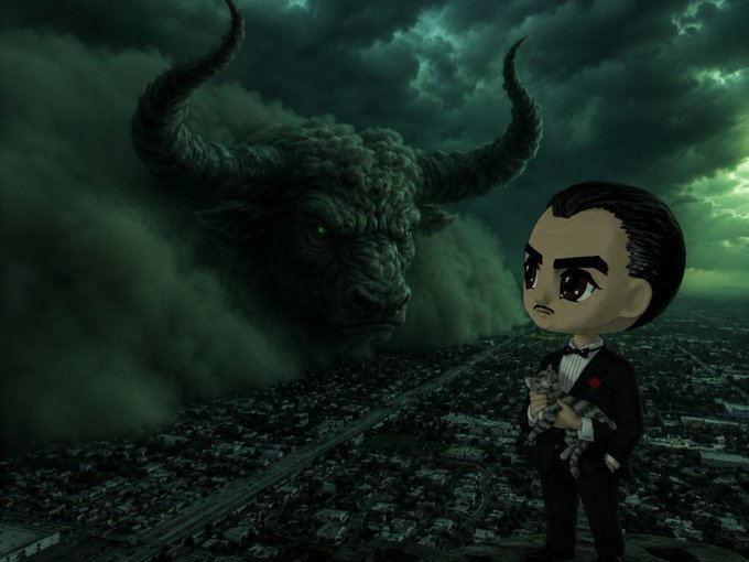 A stylized "Godfather" character stands against a backdrop of a powerful, looming bull formed from clouds, symbolizing the bull market for $ANSEM. This image visually represents the intense bullish sentiment described in the accompanying post.