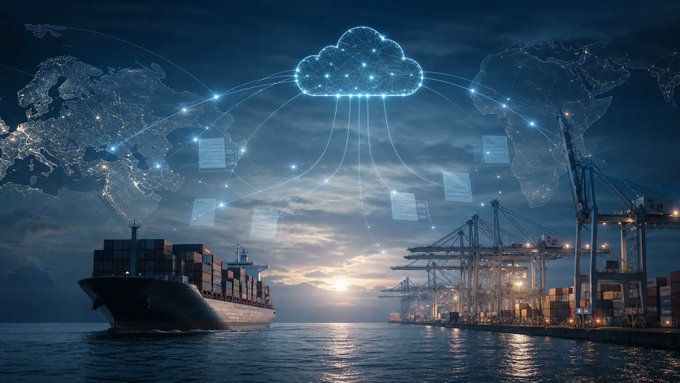 A digital illustration showing a container ship and port at dusk with a glowing cloud network and world map overlay, depicting global logistics and cloud connectivity.