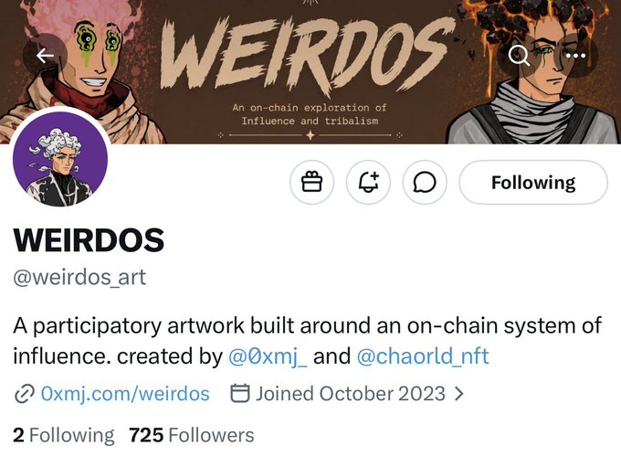 Twitter profile page for WEIRDOS (@weirdos_art), described as 'A participatory artwork built around an on-chain system of influence,' with 725 followers and a link to 0xmj.com/weirdos.