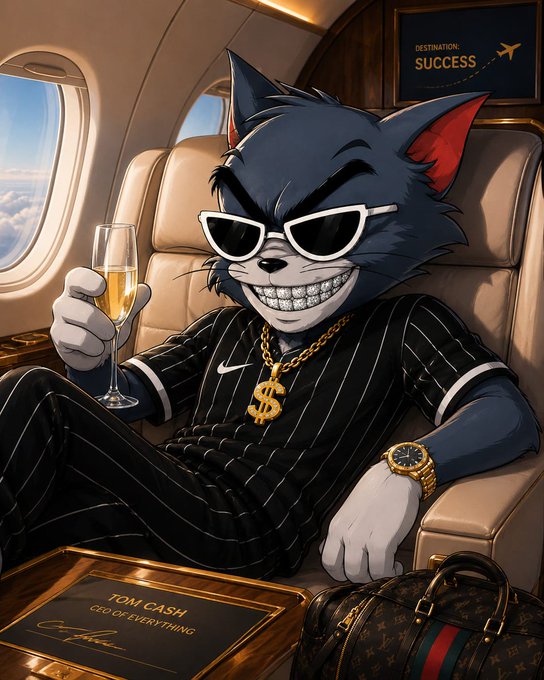 An illustrated anthropomorphic cat character labeled 'TOM CASH, CEO OF EVERY THING' sits in a private jet wearing sunglasses, a pinstripe suit, gold chains, and holding champagne, with 'DESTINATION: SUCCESS' on the wall.