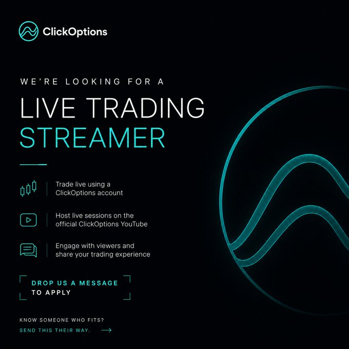 A ClickOptions recruitment graphic announces they're looking for a live trading streamer, featuring their logo and details about trading live, hosting YouTube sessions, and engaging viewers, with a call-to-action to "Drop us a message to apply"—matching the post's pitch for a confident content creator in crypto options.