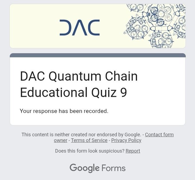 The image shows an email from Google Forms that contains a Quiz with a deadline of June 12th at 3 PM. The email also mentions that there are bonus points for a perfect score, which could be earned by participating in the Quiz. The email is sent to a user named "DAC Quantum Chain Educational Quiz 9".