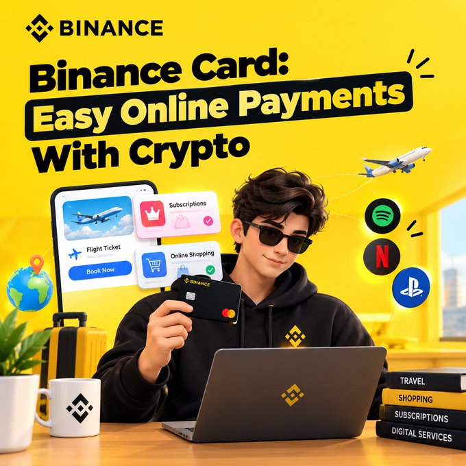 A promotional graphic for 'Binance Card: Easy Online Payments With Crypto' featuring a young person holding the card alongside a laptop, with icons representing travel, shopping, subscriptions, and digital services.