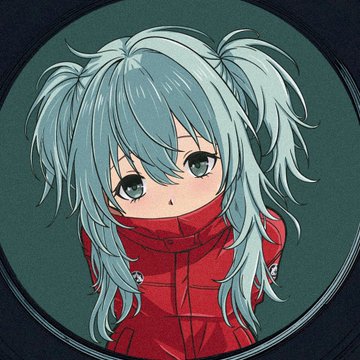 An anime-style portrait of a girl with light blue hair in pigtails wearing a red jacket, framed in a circular design.