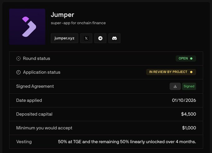 Application dashboard for Jumper (jumper.xyz), a 'super-app for onchain' finance project, showing Round status as OPEN, Application status IN REVIEW BY PROJECT, Signed Agreement, Deposited capital of $4,500, Minimum accept of $1,000, with vesting terms of 50% at TGE and remaining 50% linearly over 4 months.