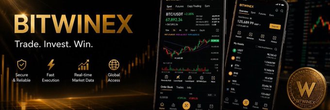 A banner for the 'BITWINEX' cryptocurrency trading platform with the slogan 'Trade. Invest. Win.' highlighting features like 'Secure & Reliable' and 'Fast Execution' alongside mobile app screenshots and a BITWINEX token.