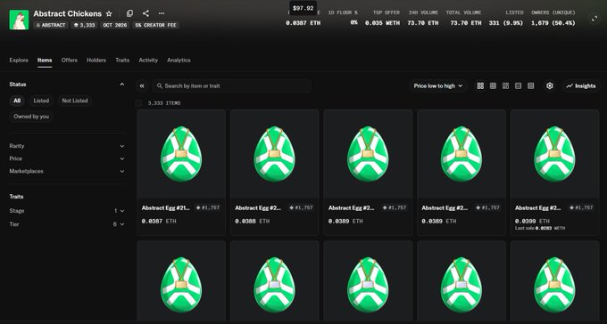 The image shows an NFT marketplace listing for the "Abstract Chickens" collection, displaying 3,333 items with a floor price of 0.0387 ETH, top offer of 0.035 ETH, and last sale of 0.0393 ETH. The post references "0xQuit" as the project founder and discusses the collection's low entry point of 0.01E, tying to the visible low floor prices of these abstract egg-shaped NFT characters.