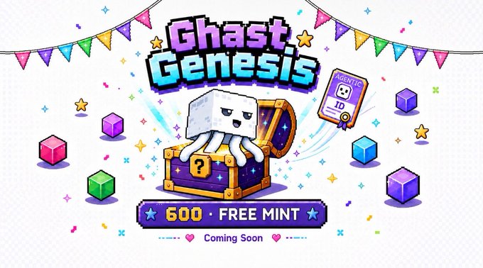 A vibrant pixel-art promotional graphic for "Ghast Genesis" featuring a cute ghost emerging from a treasure chest, surrounded by colorful cubes and bunting. The image displays "600 FREE MINT" and "Coming Soon" text, along with an "Identity" NFT card, aligning with the post's announcement of a 666-supply free mint powered by 0G_labs.