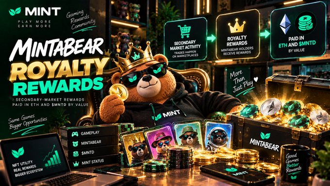 Promotional banner for 'MINTABEAR ROYALTY REWARDS' by MINT, featuring a bear wearing sunglasses and a crown holding a coin, advertising secondary market rewards paid in ETH and $MNTDT.