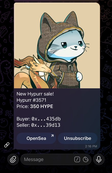 A Telegram notification for a new Hypurr NFT sale, showing a cartoon cat in a hoodie, listing Hypurr #3571 sold for 350 HYPE between buyer 0x...435db and seller 0x...39d13.