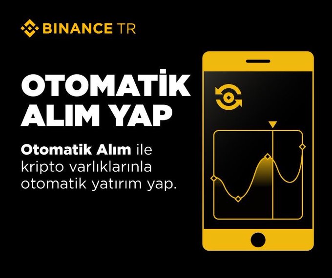 A Binance TR (Binance Turkey) advertisement with black and yellow design promoting 'OTOMATİK ALIM YAP' (Automatic Purchase) feature, showing an illustrated smartphone with a cryptocurrency price chart and Turkish text explaining automatic crypto investing.