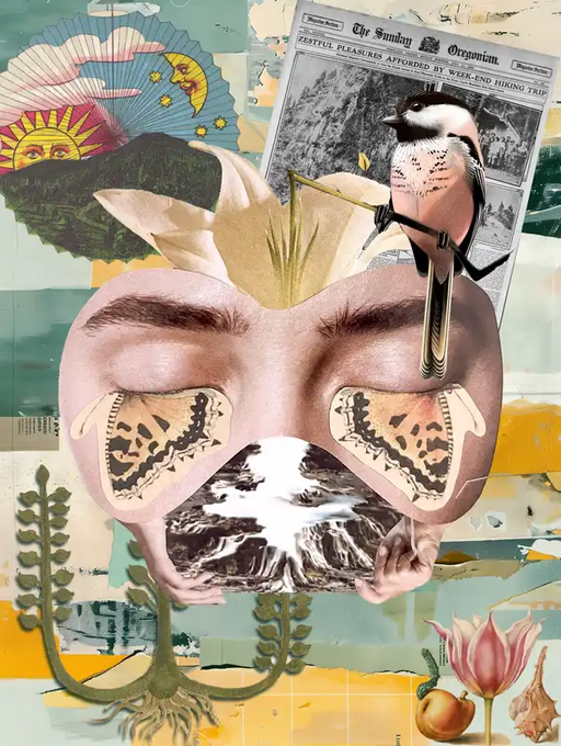 A surreal collage featuring a butterfly-winged face, perched chickadee, vintage newspaper headlines from "The Sunday Oregonian," and botanical elements, tied to the post as artwork titled "A Flourish of Wings" by PapaBirded in collaboration with @GashFlip, originally minted on ExchangeArt in September 2024.