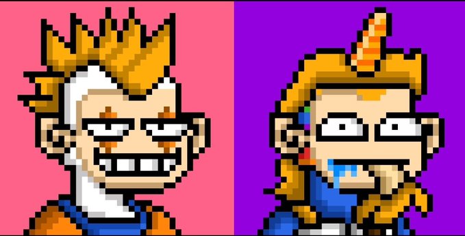 The image features two cartoon characters, one with a yellow hair color and the other with blonde hair. The character with yellow hair has a funny expression on their face while the character with blonde hair also has a funny expression on their face. Both characters are wearing orange outfits. The background of the image is purple, which contrasts with the bright colors of the characters' hair.